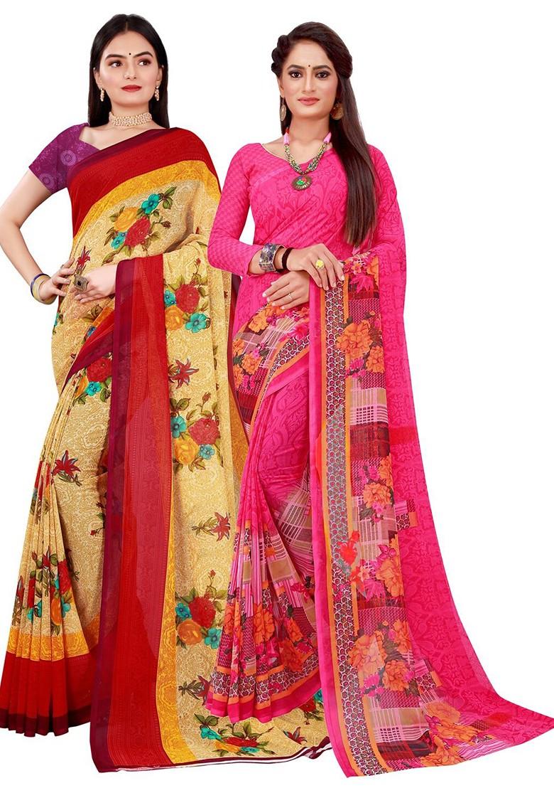 Beige Floral Georgette Saree Set