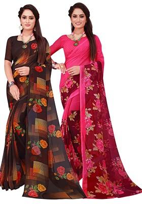 Black Embroidered Georgette Saree Set (Set Of 2)