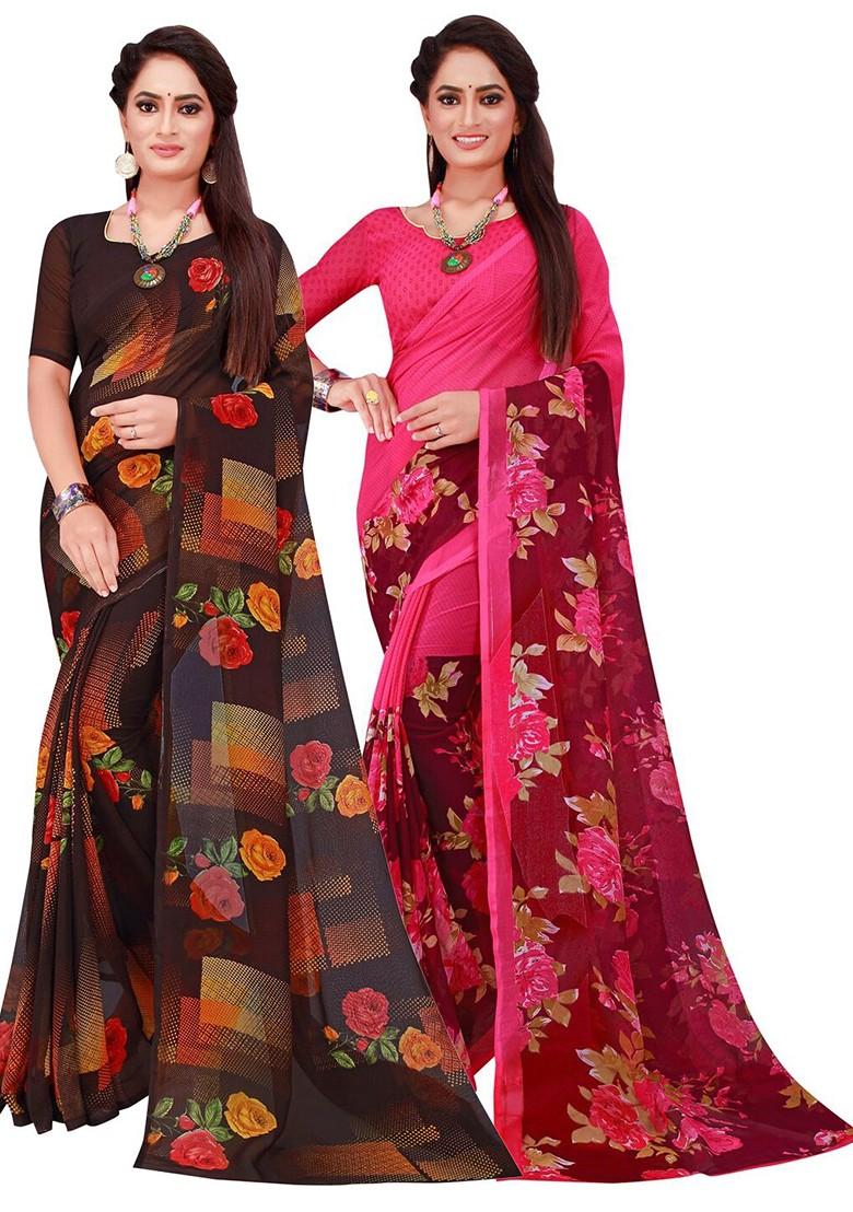 Black Embroidered Georgette Saree Set (Set Of 2)