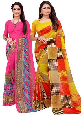 Pink Floral Georgette Saree Set (Set Of 2)