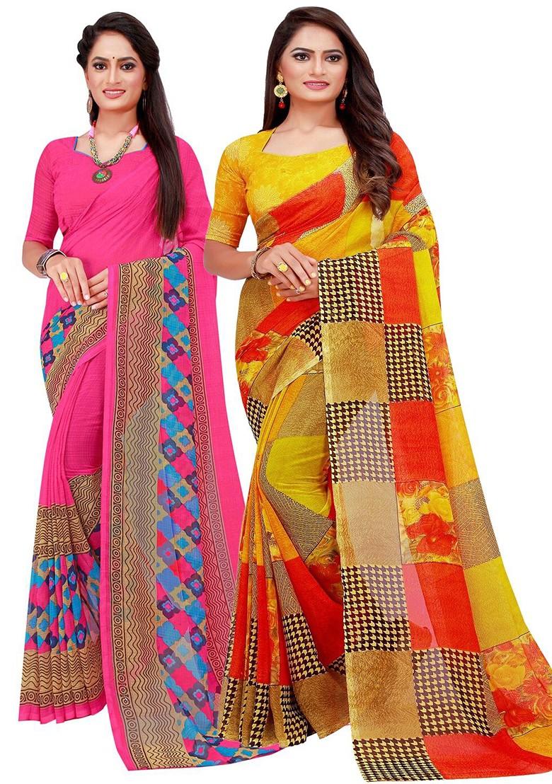 Pink Floral Georgette Saree Set (Set Of 2)