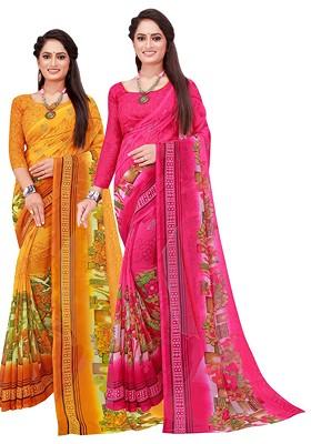 Pink Floral Georgette Saree Set (Set Of 2)