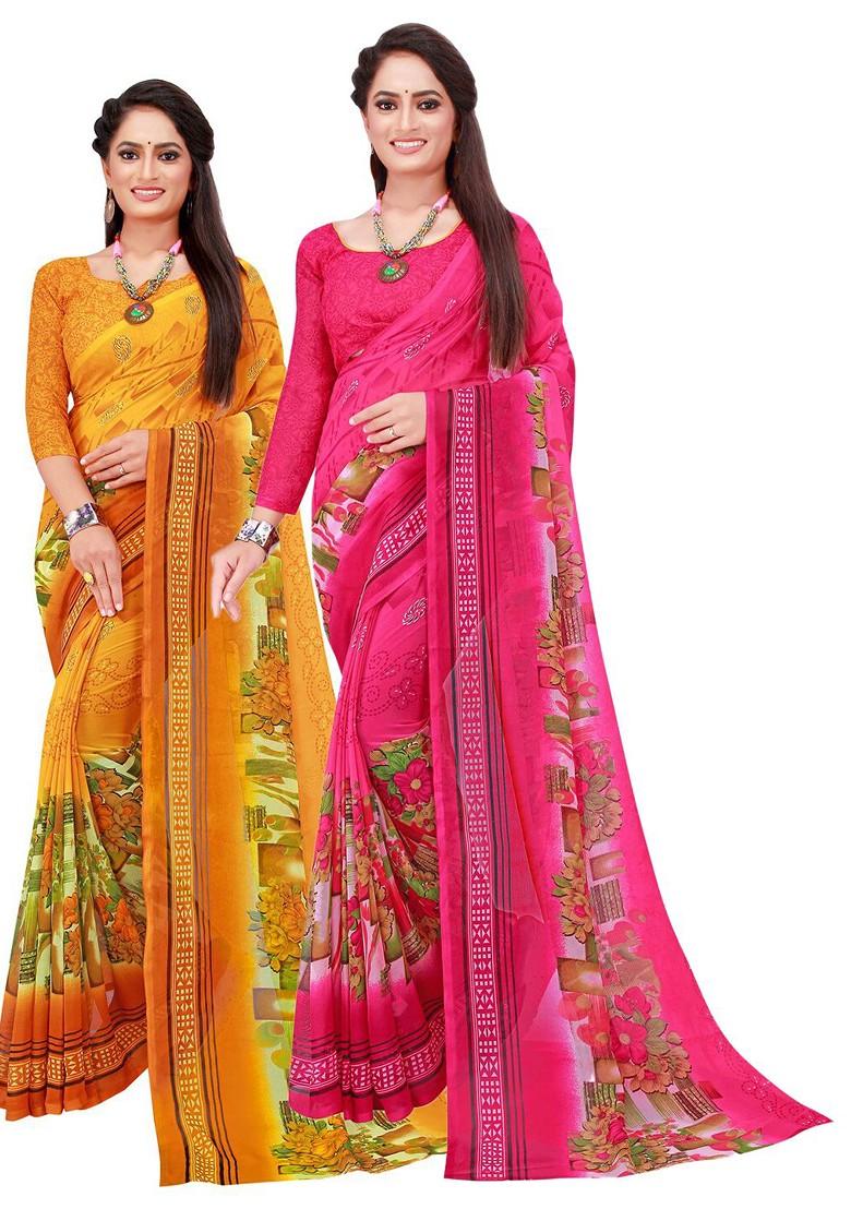 Pink Floral Georgette Saree Set (Set Of 2)