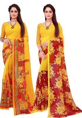 Yellow Embroidered Poly Blend Saree Set