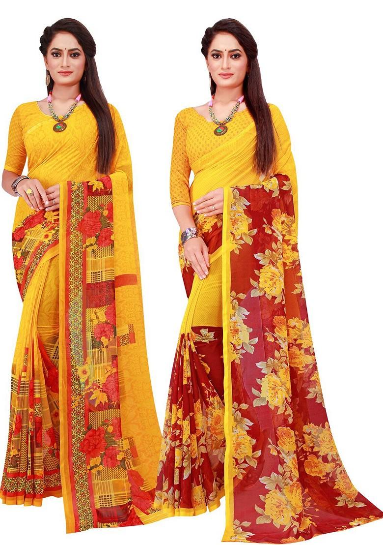 Yellow Embroidered Poly Blend Saree Set