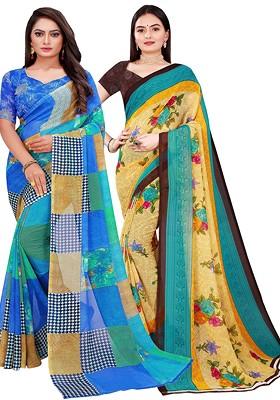 Yellow Printed Georgette Saree Set