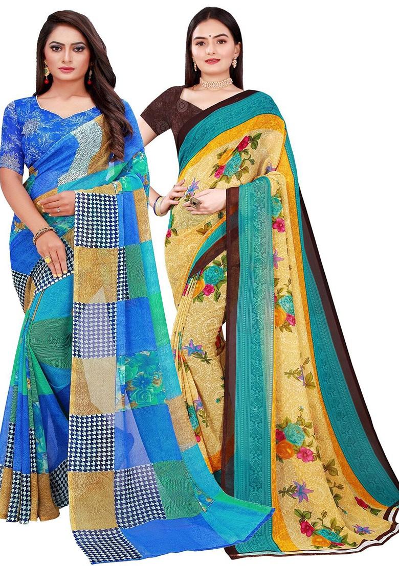 Yellow Printed Georgette Saree Set