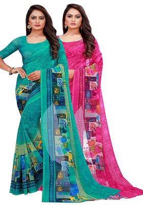 Turquoise Blue Floral Georgette Saree Set (Set Of 2)