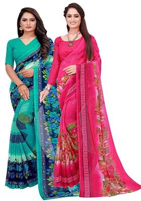 Turquoise Blue Embroidered Georgette Saree Set (Set Of 2)