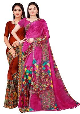 Magenta Printed Georgette Saree Set