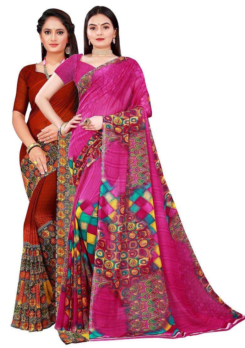Magenta Printed Georgette Saree Set