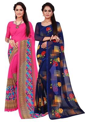 Magenta Floral Georgette Saree Set (Set Of 2)