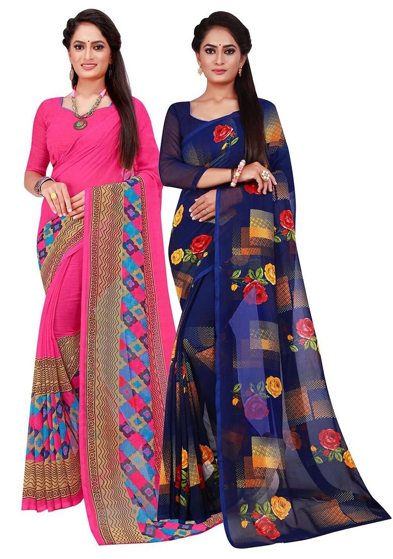 Magenta Floral Georgette Saree Set (Set Of 2)