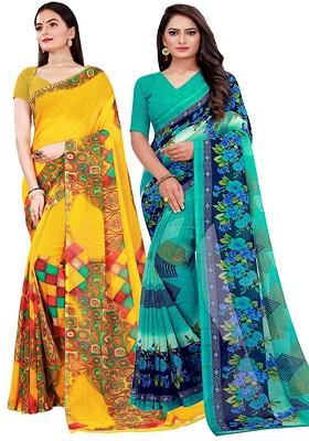 Green Floral Georgette Saree Set (Set Of 2)