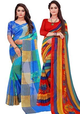 Multi Floral Georgette Saree Set (Set Of 2)
