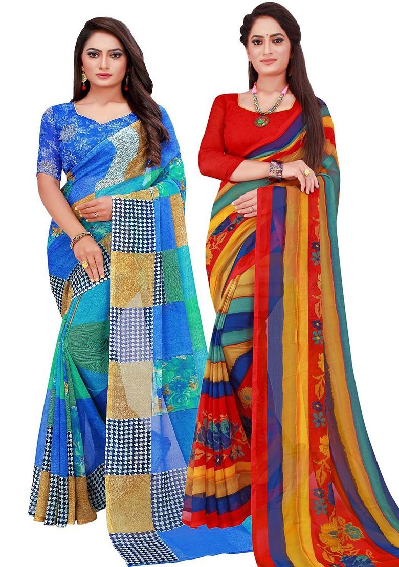 Multi Floral Georgette Saree Set (Set Of 2)