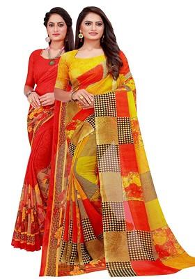 Red Printed Poly Blend Saree Set (Set Of 2)