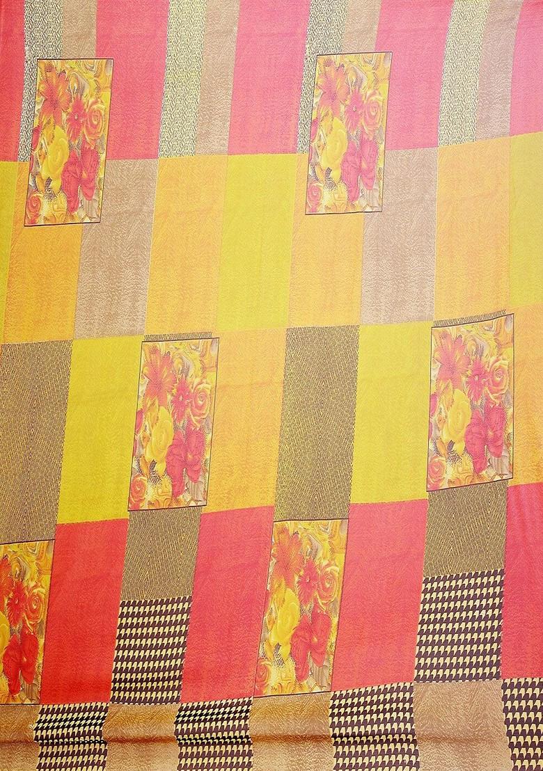 Red Printed Poly Blend Saree Set (Set Of 2)