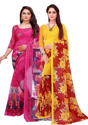 Magenta Embroidered Poly Blend Saree Set