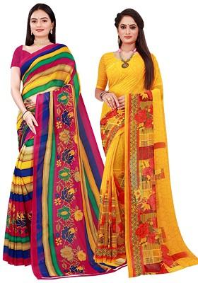 Yellow Printed Georgette Saree Set