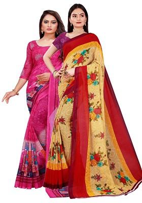 Pink Printed Georgette Saree Set (Set Of 2)