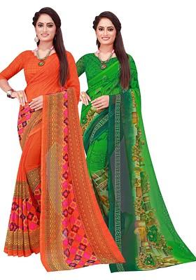 Orange Printed Georgette Saree Set (Set Of 2)