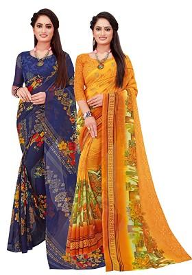 Yellow Embroidered Georgette Saree Set