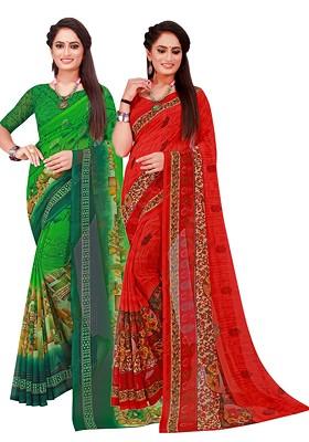 Red Embroidered Georgette Saree Set (Set Of 2)