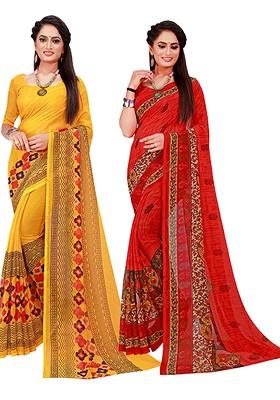 Yellow Floral Georgette Saree Set (Set Of 2)