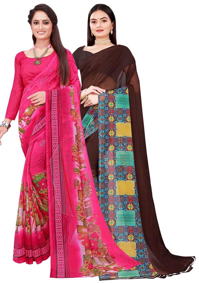 Brown Embroidered Georgette Saree Set