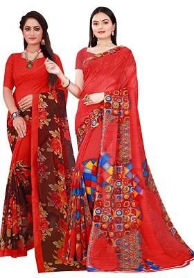 Red Floral Georgette Saree Set (Set Of 2)