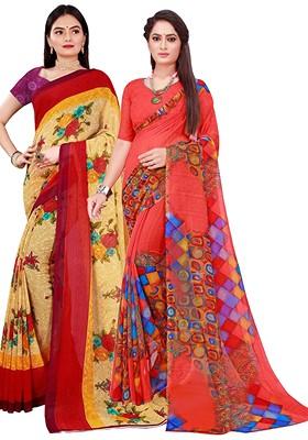 Beige Embroidered Georgette Saree Set (Set Of 2)