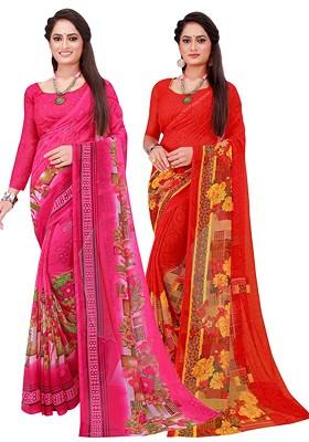 Pink Floral Georgette Saree Set (Set Of 2)