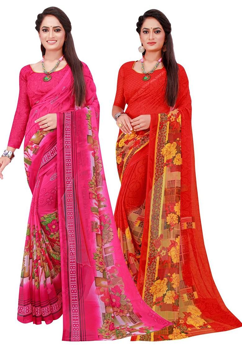 Pink Floral Georgette Saree Set (Set Of 2)