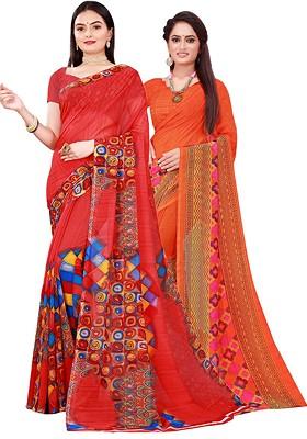 Red Printed Georgette Saree Set (Set Of 2)