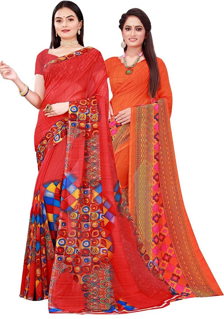 Red Printed Georgette Saree Set (Set Of 2)