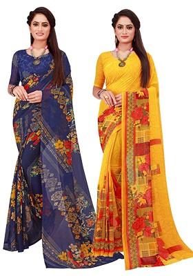 Yellow Embroidered Georgette Saree Set (Set Of 2)