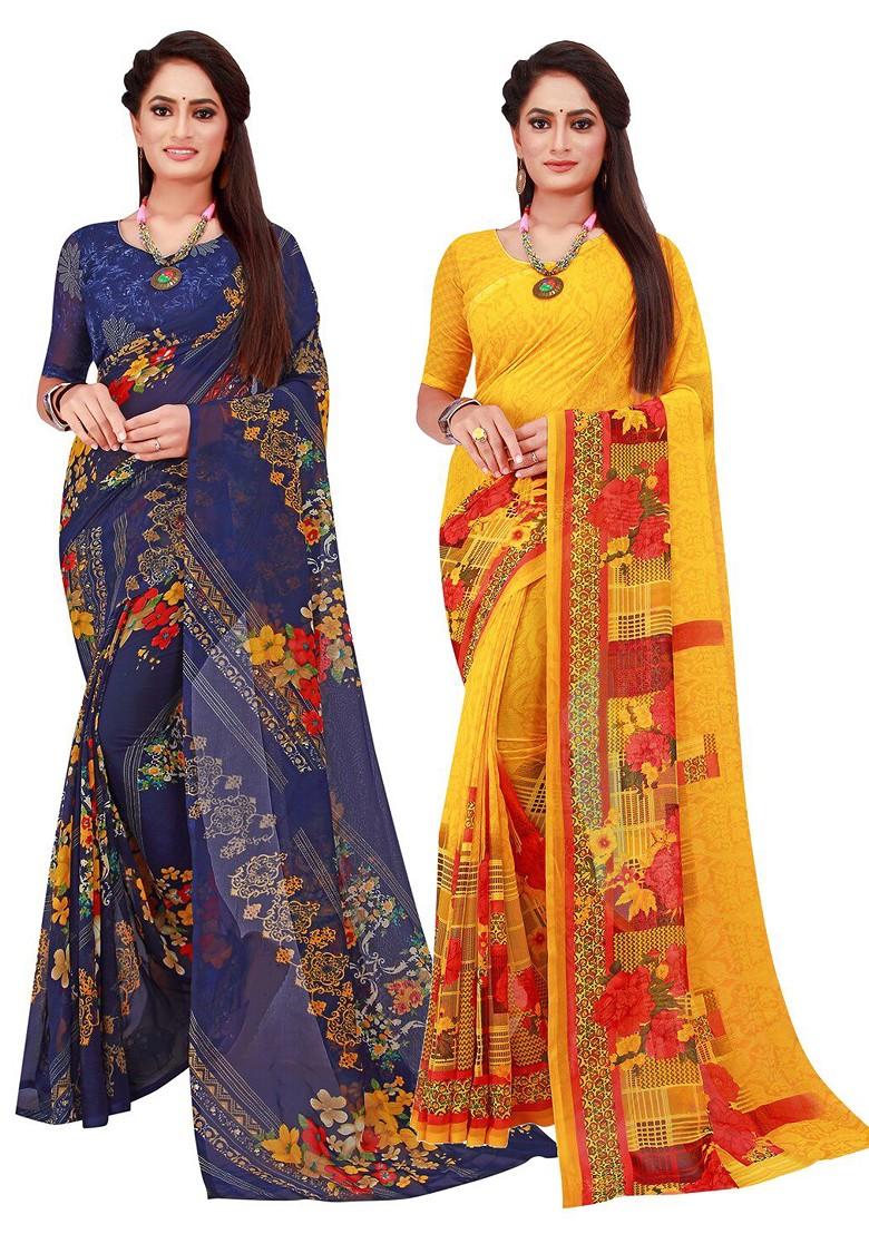 Yellow Embroidered Georgette Saree Set (Set Of 2)