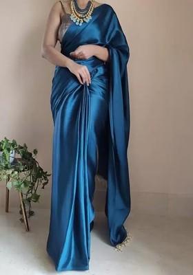 Blue Embroidered Satin Saree Set