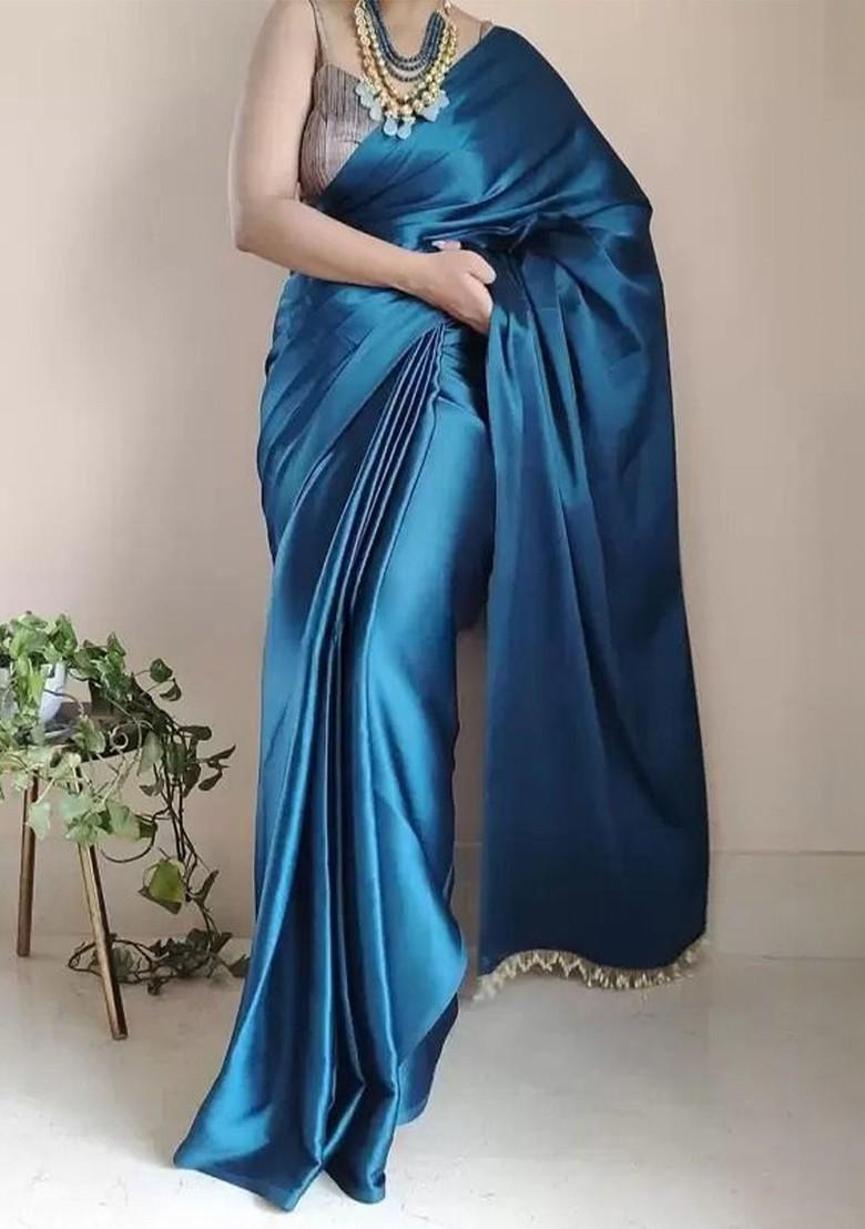 Blue Embroidered Satin Saree Set