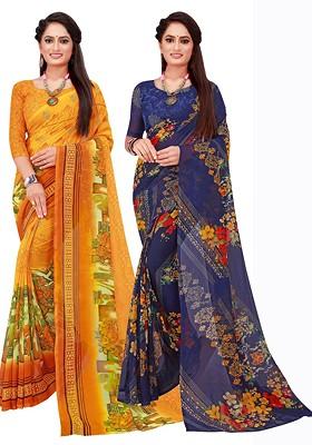 Navy Blue Geometric Print Georgette Saree Set (Set Of 2)