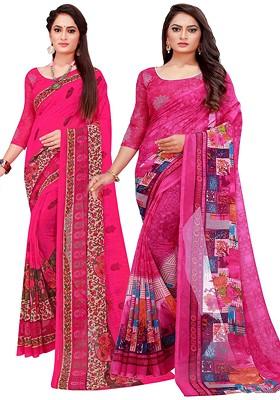 Magenta Floral Georgette Saree Set (Set Of 2)