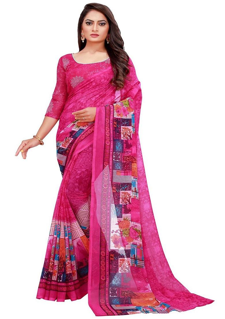 Magenta Floral Georgette Saree Set (Set Of 2)