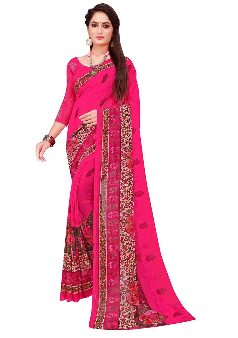 Magenta Floral Georgette Saree Set (Set Of 2)