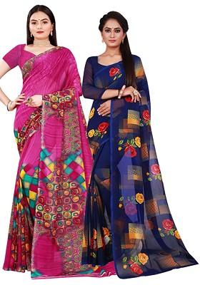 Magenta Floral Georgette Saree Set (Set Of 2)