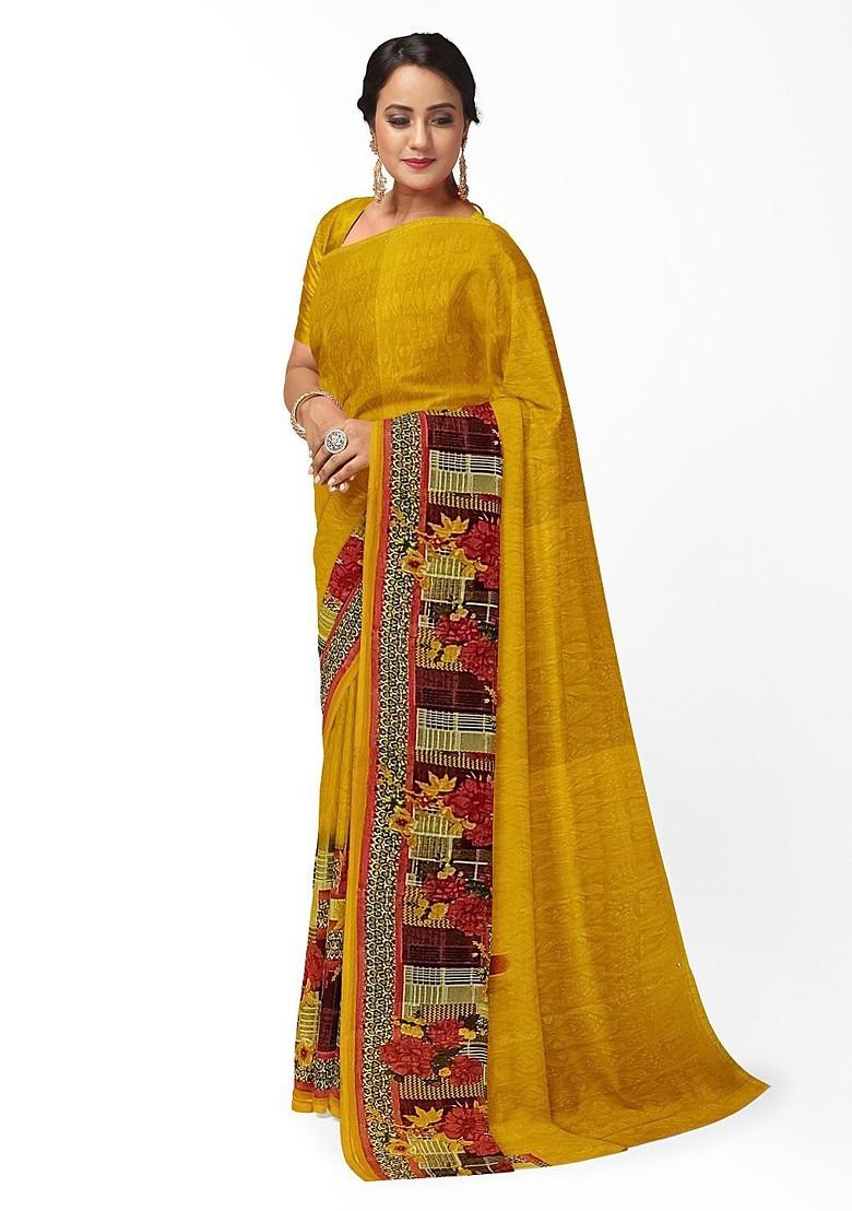 Yellow Floral Georgette Saree Set