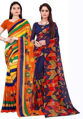 Navy Blue Printed Georgette Saree Set (Set Of 2)