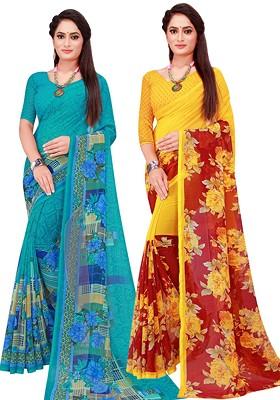 Turquoise Blue Embroidered Poly Blend Saree Set