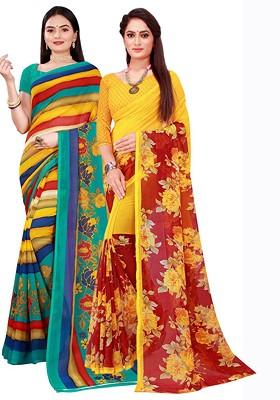 Multi Floral Georgette Saree Set (Set Of 2)