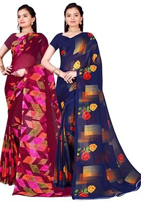 Navy Blue Embroidered Georgette Saree Set (Set Of 2)